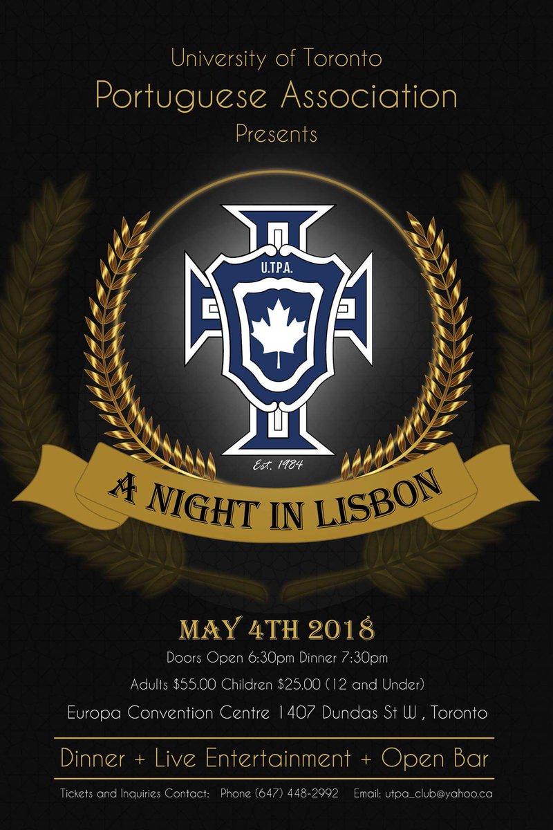 TheUTPA's tweet photo. On May 4th 2018 we will be hosting our annual scholarship gala.
Tickets: $55.00 for Adults+Children under 12 $25.00. Dinner, Live Entertainment and an Open Bar are included. For tickets and Inquiries please contact the UTPA at: 
Phone (647) 448-2992
Email: utpa_club@yahoo.ca https://t.co/5mDUKUaMan