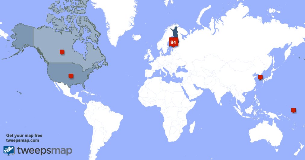 XTontziX's tweet photo. My followers live in 5 countries: Finland(93%), USA(3%)... https://t.co/jk4yUNfuSA Get your free map! https://t.co/QkLzk1y4Lf