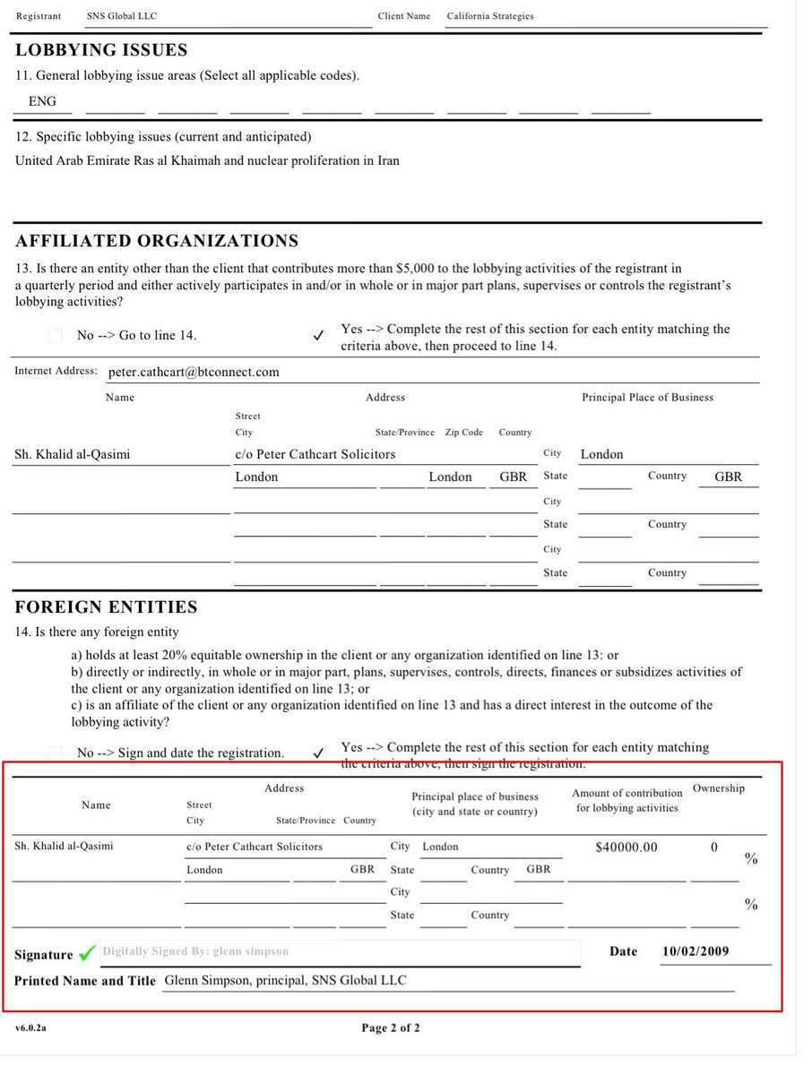  (1)  #GlennSimpson worked with California Strategies and registered as a foreign lobbyist for Sheikh Khalid bin Saqr al-Qasimi of the UAE. While this isn’t new info to all they’re very curious details, this report claims $40,000 with his then company SNS Global  #FusionGPS