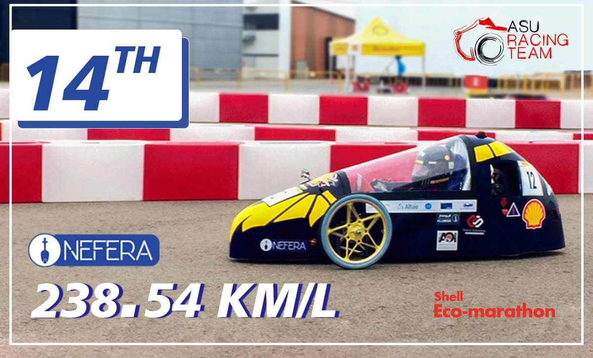 ASURacingTeam's tweet photo. Let's congratulate #Nefera for cutting 238.5 Km/Litre securing the 14th position out of 31 teams participating in #shellecomarathon ICE competition in Asia! 👌👏

@ShellMiddleEast  @shell_ecomar 
#ASURT #Nefera #shellecomarathon https://t.co/fHyPBepDxU