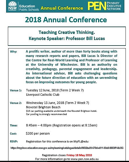 The @PEN_UltimoOD Conference Committee is excited to announce that enrolments for our Annual Conferences are now open. Our keynote speaker is Prof. Bill Lucas <a href="/LucasLearn/">Professor Bill Lucas</a> - Teaching Creative Thinking. <a href="/annette_wein/">Annette Wein</a> <a href="/photini_c/">Tina Cowley</a> <a href="/DiBambridge/">Diane Bambridge</a> <a href="/NicoleMc1920/">Nicole McGee</a> <a href="/dizdarm/">Murat Dizdar</a> <a href="/SylviaJCorish/">Sylvia Corish</a>
