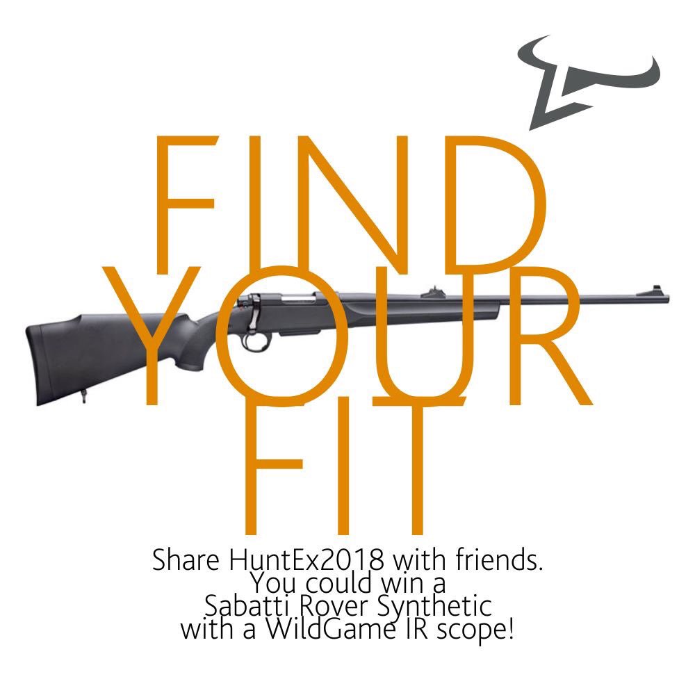 HuntExNow's tweet image. Share #HuntEx2018 and you could win a Sabatti Rover Synthetic with WildGame IR scope!
1. Share this post
2. Be at HuntEx2018 on Friday, 27 April at 2pm in the Ballroom Restaurant for the draw with @RapalaVMC
Buy tickets online &amp;amp; avoid queues: goo.gl/vq6yMo. Ts&amp;amp;Cs apply