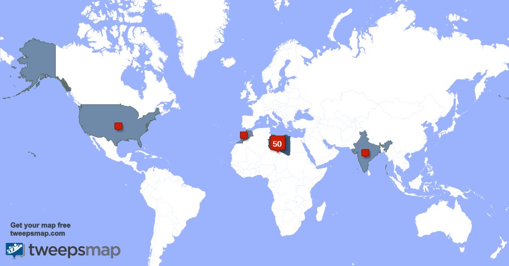 حسب tweepsmap.com/!doafaheem90 حوالي47% من متابعيني يعيشون في ليبيا والولايات المتحده(16%),الهند(16%)