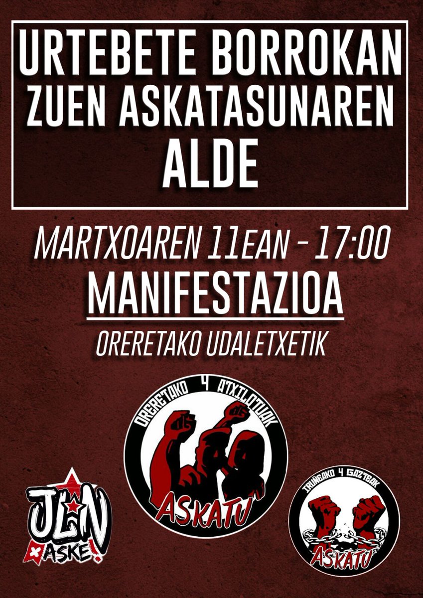 Gaur urtebete betetzen da Oreretako gazteak atxilotu zituztenetik. Urte osoan zehar kasu errepresibo gehiagoren lekuko ere izan gara.

Gaur, 17:00etan errepresioa salatzeko Oreretan egingo den mobilizazio bateratuan, izango gara. Gora langileon borroka!