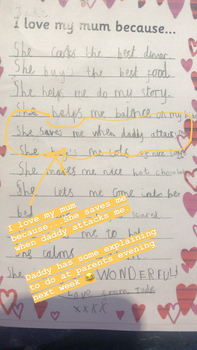 ELJwrites's tweet photo. “I love my mum because...she saves me when daddy attacks me.” 

Parents’ Evening is going to be interesting next week.

#MothersDay2018 https://t.co/mQxCxOvZ0n