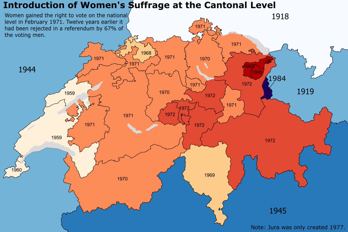 地図フリーク Na Twitteru スイス は 婦人参政権という民主主義の基本方針を憲法で定めず 各州民の判断に任せてきた この点はusも同じ 各州 準州が 1848年のスイス連邦結成前には主権国家であった時代の意識の名残か なお 26の州 準州の平均人口は 現在でも