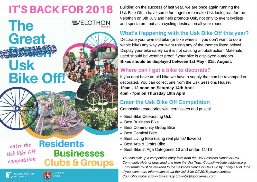 UskTownCouncil's tweet photo. The Great Usk Bike Off is back for 2018. Calling on Usk Residents, Businesses and Community Groups to get involved and enter the Bike Off Competition! @MonmouthshireCC @Velothon #cycleusk #greatuskbikeoff #velothonwales #velothon https://t.co/82XVLXsOwL