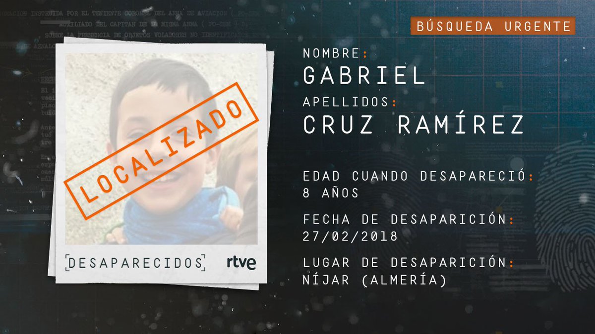 DSP_tve's tweet photo. 🔵 Ha sido localizada el cuerpo sin vida del pequeño Gabriel Cruz. Queremos trasladar nuestro más sincero pésame a la familia. Todo el equipo de #Desaparecidos está consternado. Gracias a la colaboración ciudada una vez más. #TodosSomosGabriel https://t.co/1udlGDbUKp