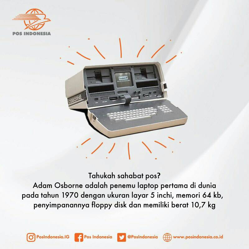 PosIndonesia's tweet photo. Tahukah Sahabat? Komputer portable atau laptop pertama di dunia ini diberi nama Osborne I & dibandrol dgn harga 1.795 US Dollar. Meskipun terbilang sangat mahal, pada saat itu penjualan Osborne I mencapai 10.000 unit setiap bulannya.
.
#POSbisa #PosIndonesi #BUMNHadirUntukNegeri https://t.co/CozIaMR7ZB