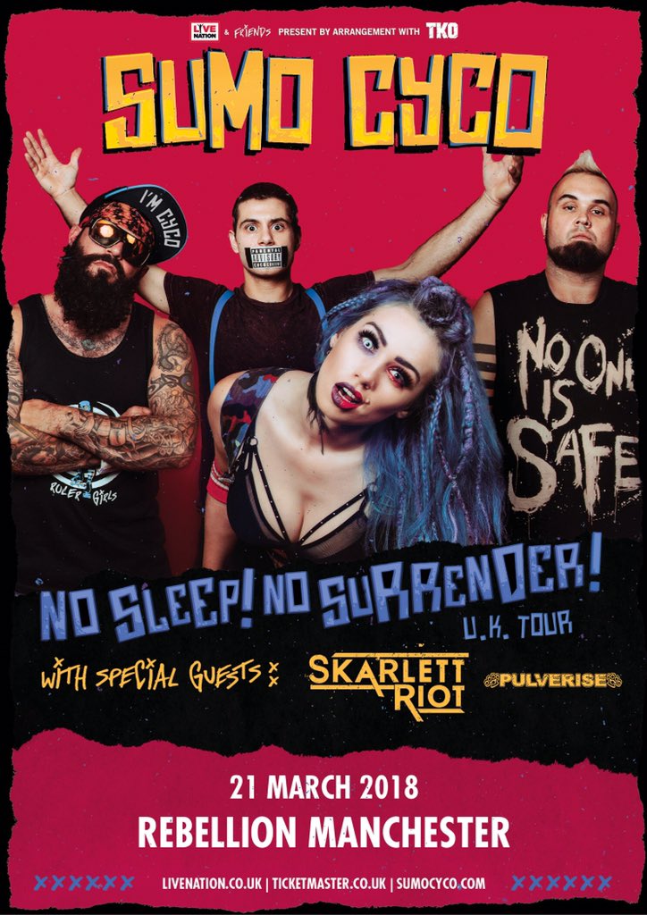 Right then #Cycos!
<a href="/sumocyco/">SUMO CYCO</a>, <a href="/SkarlettRiot/">Skarlett Riot</a> and US (OMG!) will be partying at @RebellionMCR, #Manchester on 21 March and you CANNOT ... we repeat CANNOT miss this epic show! 
🤘🤪🤘

Imagine the FOMO if you don’t come? Yikes! 😱

Get your tickets here -
skiddle.com/whats-on/Manch…