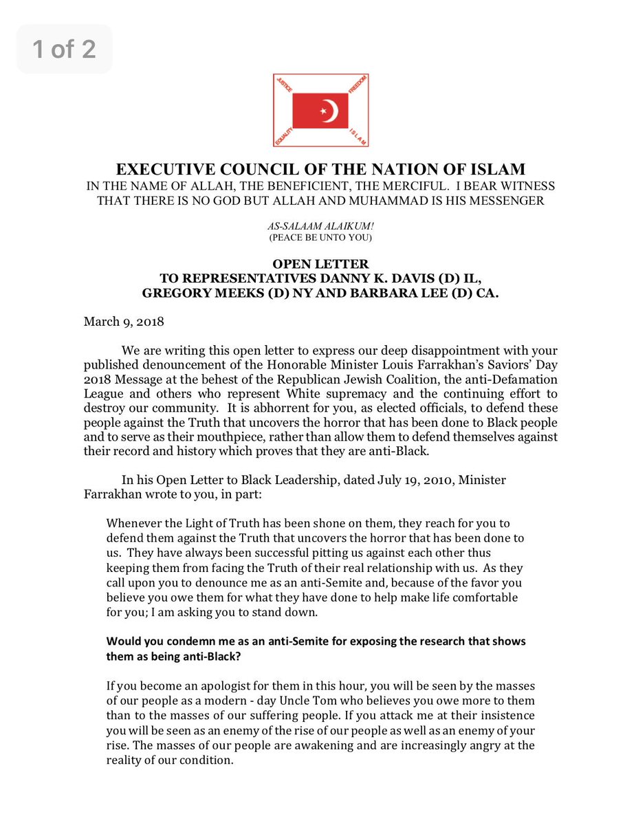 OfficialNOI's tweet photo. An Open Letter from the Executive Council of the Nation of Islam to @RepDannyDavis @RepGregoryMeeks &amp; @RepBarbaraLee regarding their published denouncement of the Honorable Minister Louis Farrakhan. 
https://t.co/acdvzkFgIS https://t.co/570Elwrzun