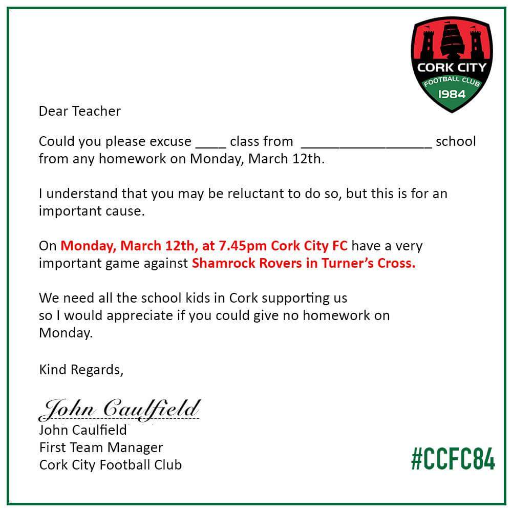AjanovicT's tweet photo. Such an awesome initiative from @CorkCityFC! I really hope that teachers in Cork will be sympathetic to this request tomorrow. Good luck @FORASTrust! #NoHomeworkMonday #FanOwnership https://t.co/4nG7YhL3u3