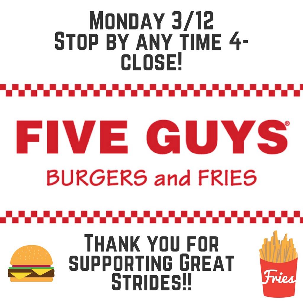 LeeUSLC's tweet photo. Join us tomorrow at Five Guys to help raise money for Great Strides! Hope to see you all there! https://t.co/87aGqkpIJV