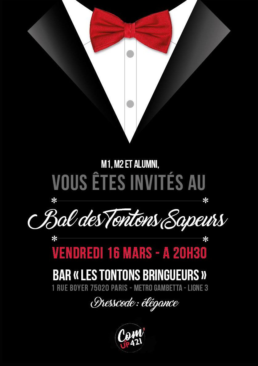 M1, M2 &amp; Alumni : vendredi prochain, la <a href="/salle421/">Salle 421</a> sera sur son 31 au Bal des Tontons Sapeurs ! On vous attend, sapés comme jaja évidemment #StrassPailletesPastis 
bit.ly/2FuvGer