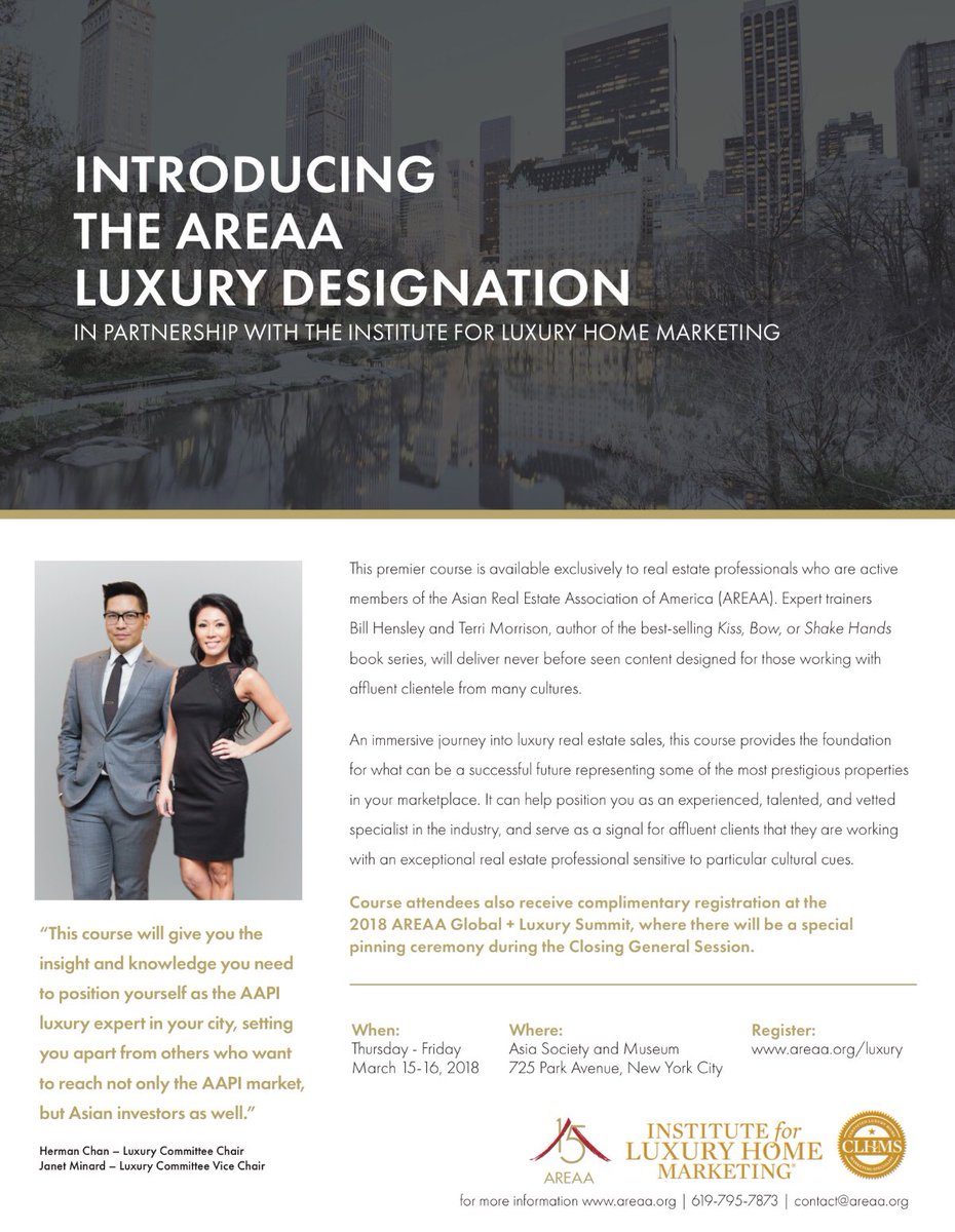 JanetMinard's tweet photo. Luxuriate your career! Register here: https://t.co/sXMjo54Frv Join us in NYC March 15-16 for AREAA’s Luxury Real Estate Designation course in partnership w/The Institute of Luxury Home Marketing @ilhm. Learn from experts Bill Hensley &amp; best selling author Terri Morrison! #luxury https://t.co/etx7afVBzS