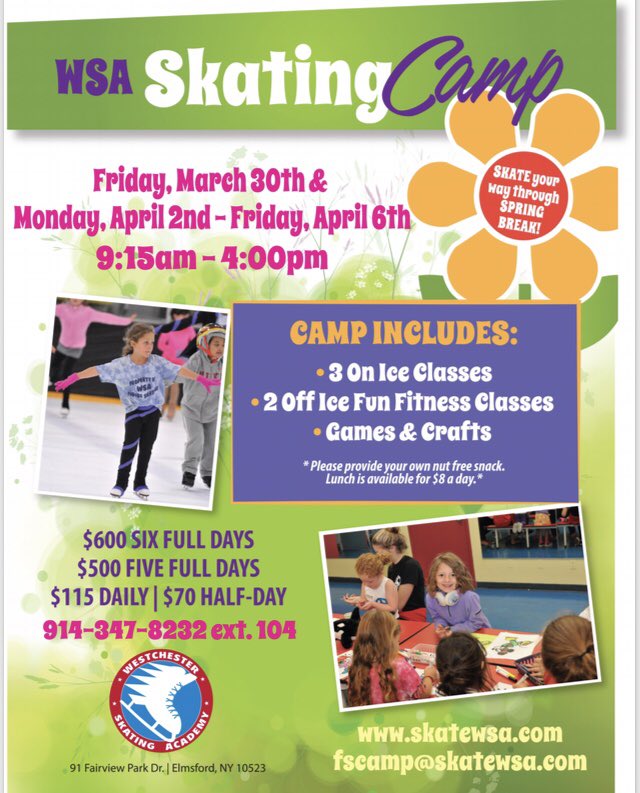 SkateWSA's tweet photo. March into April with us by joining our #SpringBreakCamps ! 🏒⛸
Full Day & Half-Day options available!
#WSA #SkateWSA #SkatingCamp #HockeyCamp #SpringBreak #HolidayCamps #ThingsToDoInWestchester #WestchesterCamps #SportsCamps https://t.co/5n5t1NV6gr
