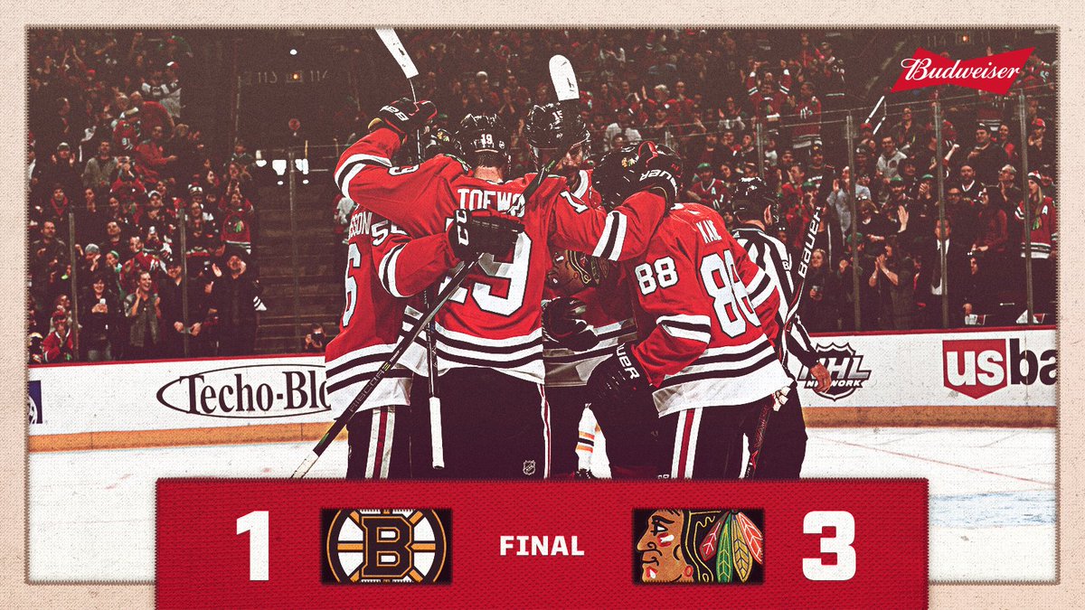 NHLBlackhawks's tweet photo. HORN! The #Blackhawks take this one 3-1! #CHIvsBOS 

#HAWKSWIN https://t.co/I67PnZC7pL