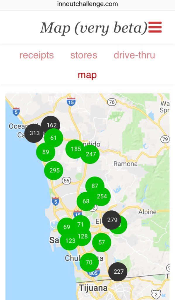 innoutChallenge's tweet photo. Continuing our Travel Update, you can view your stores on our new (beta) map. Green stores are visited. https://t.co/GgINNKQoLU