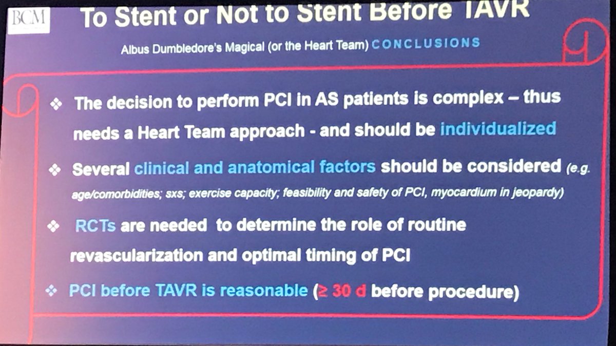 KhandelwalMD's tweet photo. #AlbusDumbledore π§ββοΈ approach to #stent or not to stent before #TAVR by Hani Jneid #ACC18 #cvCAD
1. Individualize/ #patientcenteredcare & #patientcentereddecisionmaking.
2. Consider #PCI for LM/prox LAD
3. Consider #PCI 30+ days prior to #TAVR https://t.co/Mps5ypjk3v