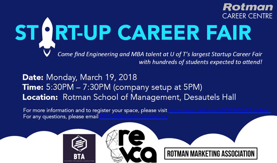 Spaces still available for Rotman's Startup Career Fair! Join us March 19 to meet <a href="/UofT/">University of Toronto</a> top talent in business and engineering #toronto #startup goo.gl/forms/vwTT6Jud… <a href="/MaRSDD/">MaRS</a> <a href="/Communitech/">Communitech</a> <a href="/WeWork/">WeWork</a>