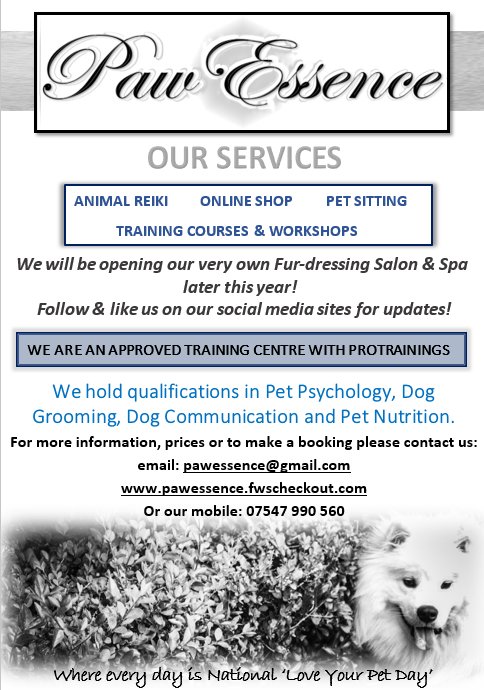 PawEssence's tweet photo. Hi #HolisticHour We would like to share our #business with you all.  We are a local pet business who specialise in Pet health &amp; Wellbeing.  We have our own Reiki Master/Practitioner who specialises in Animal Reiki.  We will soon be opening our Pet Spa, offering various treatments https://t.co/UKufUCi2W5