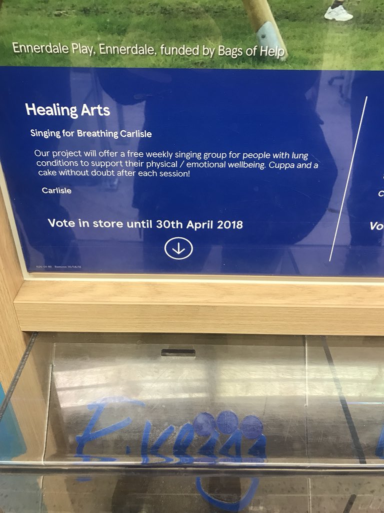 If your in Tesco at #Carlisle or #Whitehaven then please use your little blue token to help support our #singingforbreathing group😁 <a href="/Tesco/">Tesco</a> @NorthCumbriaNHS @CPFTNHS <a href="/SuseFt/">susie tate</a>