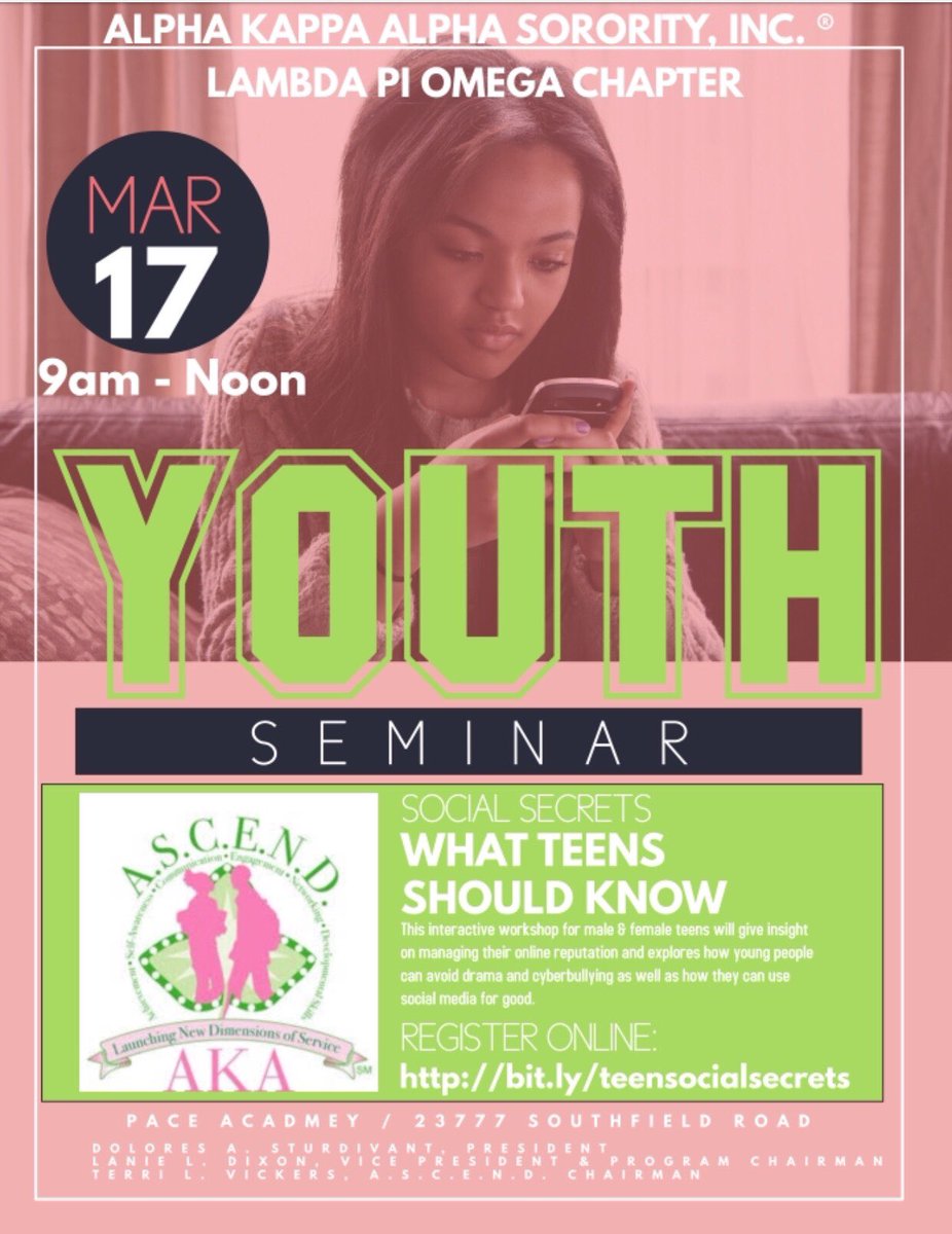 akalpo1908's tweet photo. CALLING ALL TEENS!! Join the ladies of AKA-Lambda Pi Omega Chapter on 3-17-18 as we host an interactive workshop for teens about managing their online reputation and avoiding cyber bullying.
Register here: https://t.co/TzrgrIwlWK #CyberBullying #teens #aka1908 #socialsecrets https://t.co/JDapeTKfaa
