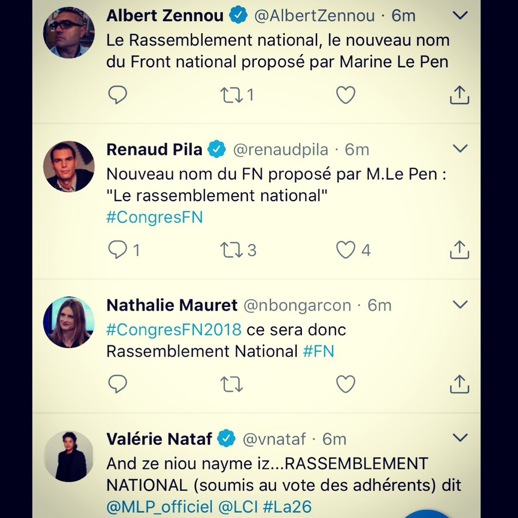 Vous êtes rigolos un p’tit peu les amis #Journalistes 🤓 !

#Preums !

Cc 
@renaudpila 
@vnataf 
@AlbertZennou 
@nbongarcon

#ComPol
#CommeUnSeulHomme
#Scoop
#TuyauPercé
#Flood
#RassemblementNational