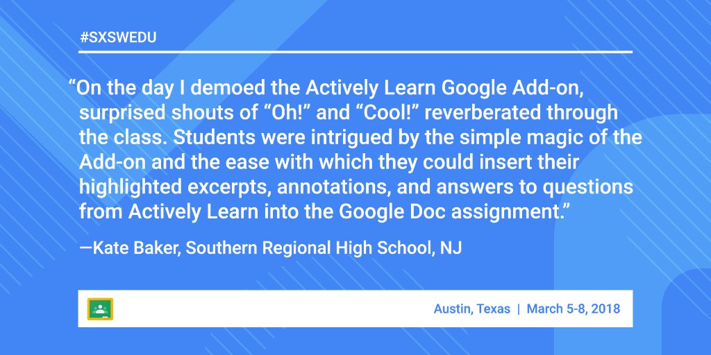 GoogleForEdu's tweet photo. Increase the joy of reading for your students and maximize teacher organization and efficiency #withClassroom + @activelylearn. https://t.co/JnSNqVLEKm https://t.co/6fZrtmwYkA