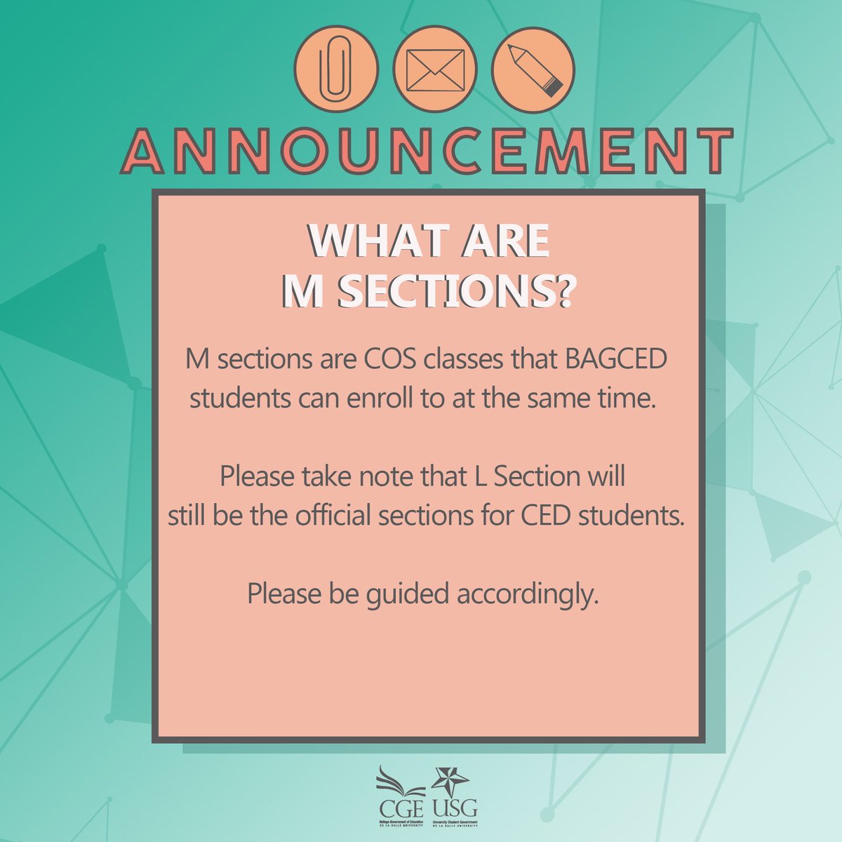 CGEdlsu's tweet photo. [BAGCED STUDENT SERVICES]
 
Heads-up, CED! Please be guided of the new M section that will be open for BAGCED students for enlistment. Please be guided accordingly. https://t.co/HTnrRnwvm3