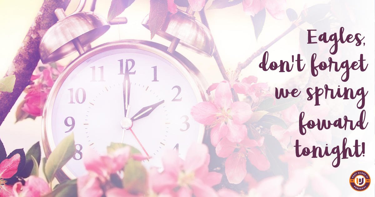PostUniversity's tweet photo. It's #DaylightSavingsTime, Eagles! How do you feel about losing an hour of sleep? ⏰ #springforward #DontBeLateToClass https://t.co/i3gUIles2R