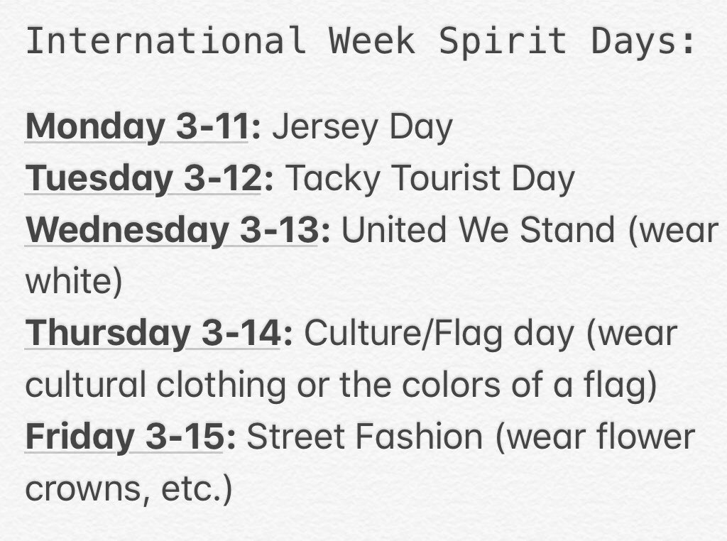 SantaSusanaASB's tweet photo. Hope everyone had a nice three day weekend, international week is in full swing starting Monday! Make sure to dress up for the spirit days and show your support for the amazing @SSHSIntlClub ! https://t.co/nI79OQEM0B