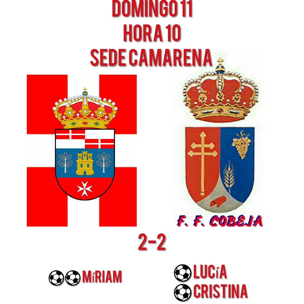 FFCOBEJA's tweet photo. Final del partido con el resultado de empate a 2.
No ha sido uno de nuestros mejores días pero aún así nunca bajamos los brazos.

#VamosFF https://t.co/yIDF6QPvki