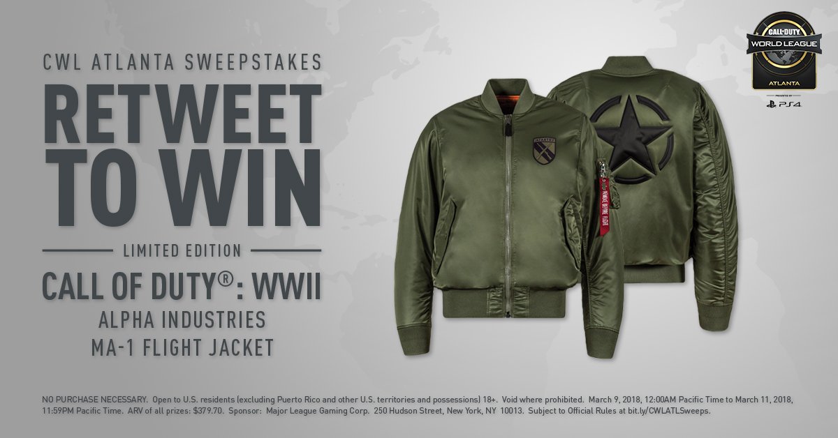 CODLeague's tweet photo. RT for a chance to win a limited edition Call of Duty®: WWII Alpha Industries MA-1 Flight Jacket! #CWLPS4

Must RT by 11:59PM PT Sunday March 11th. Rules: https://t.co/3gSuIzxGBw https://t.co/s1bXB4Rp5e