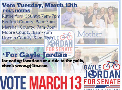 we_are_just_us's tweet photo. Election on Tuesday, March 13! #VoteForGayle #VoteBlue #FlipThe14th
POLL HOURS
Rutherford County: 7am-7pm
Bedford County: 9am-7pm
Marshall County: 7am-7pm
Moore County: 8am-7pm
Lincoln County: 9am-7pm https://t.co/mMl5nLGhOA