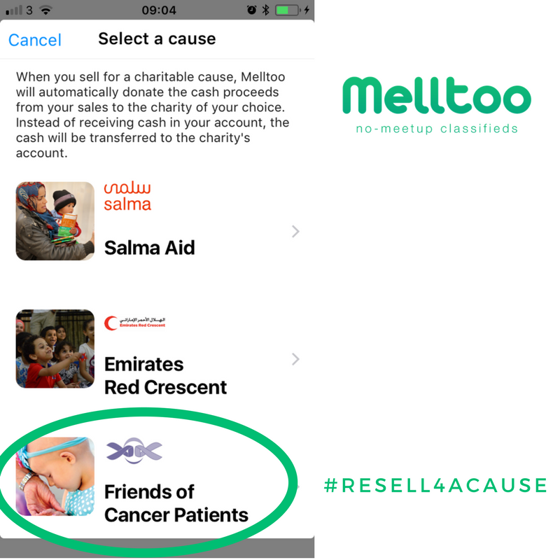 MelltooMarket's tweet photo. Make an impact in the lives of people who need it the most. Our newest partner on board Friends of Cancer Patients @focpuae lets you #Resell4aCause right from the Melltoo App. Proceeds from your sale can be donated towards empowering patients listed in their treatment programmes. https://t.co/r10uC3Dj0M