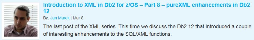 IDUGDb2's tweet photo. The last #IDUG post of the #XML series: Introduction to XML in #Db2 for z/OS – Part 8 – pureXML enhancements in Db2 12 by Jan Marek https://t.co/Yt3t2vjo6T #IDUGDb2 #Db2z #data #Developer #developers #Databases https://t.co/1B2ARxKHn3