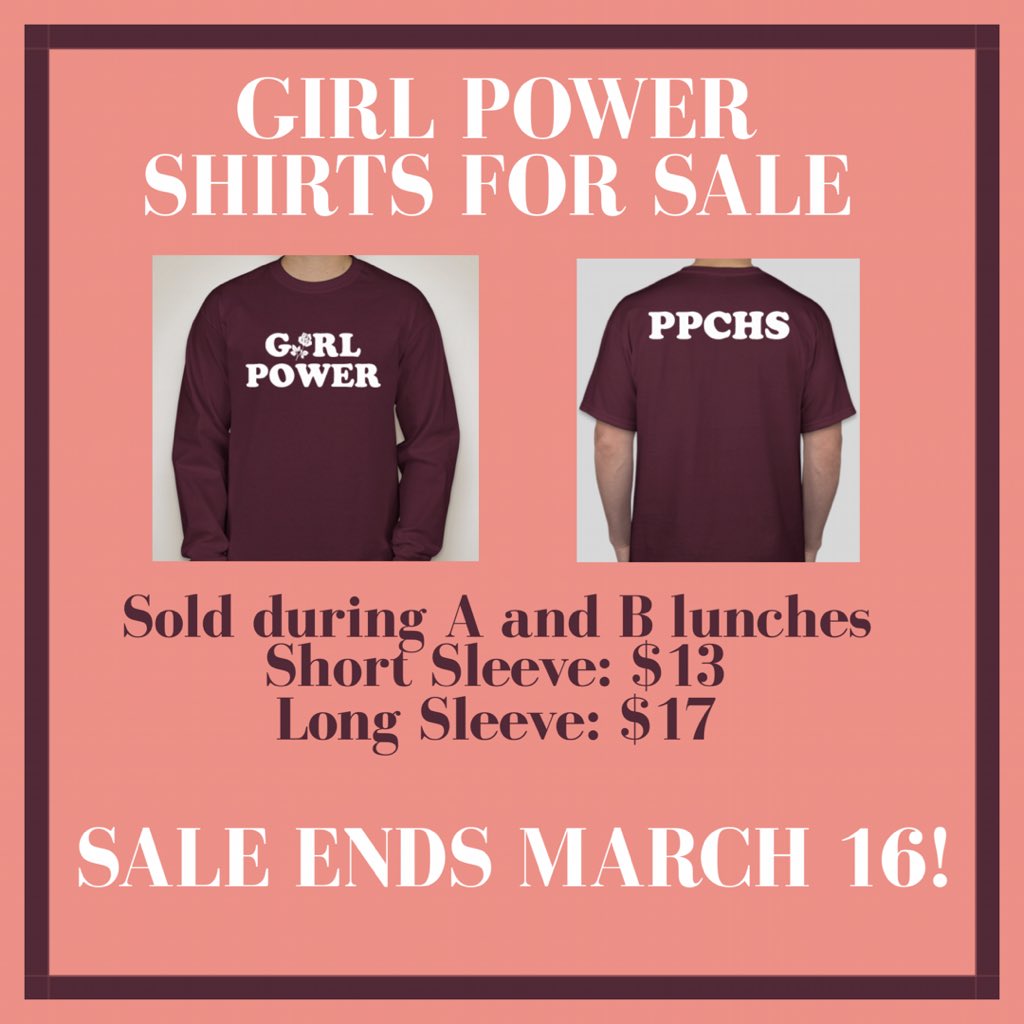ppchsgirlpower's tweet photo. girl power shirts will be on sale THIS WEEK ONLY! don’t miss out! dm us if you have any questions https://t.co/hYbrAtkqft