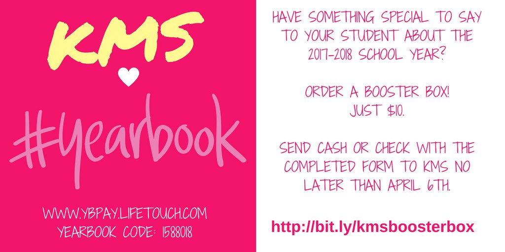 snej80's tweet photo. There's SNOW time like the present! Don't worry about how much snow we're gonna get with this storm - order your copy of the 2017 - 2018 KMS yearbook! Don't forget about your booster box! #kmspack #bwrsd @mariojandrade @AP_Clifford @Principal_Homen https://t.co/iWwBVXeG1K