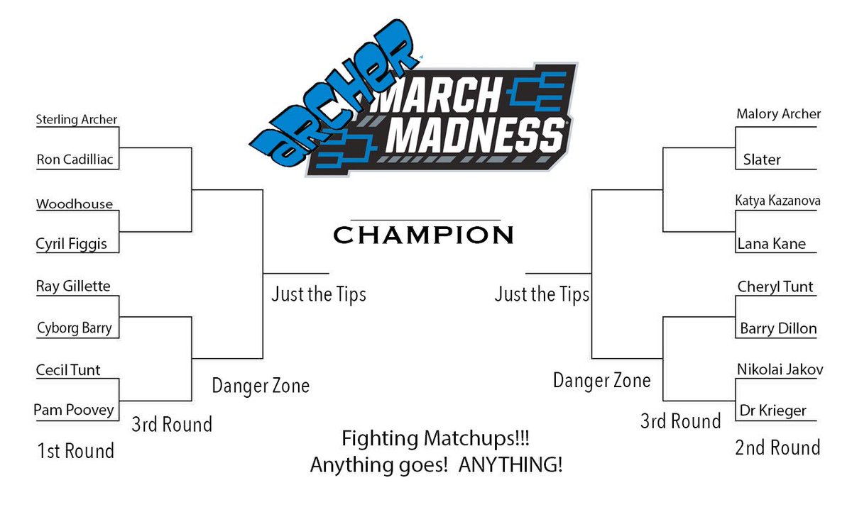 Archer_Sterling's tweet image. Archer March Madness!

Head-to-head fights and anything goes!  Fill it out bracket, tweet @Archer_Sterling before the start this Tuesday night. (fights decided by twitter polls)