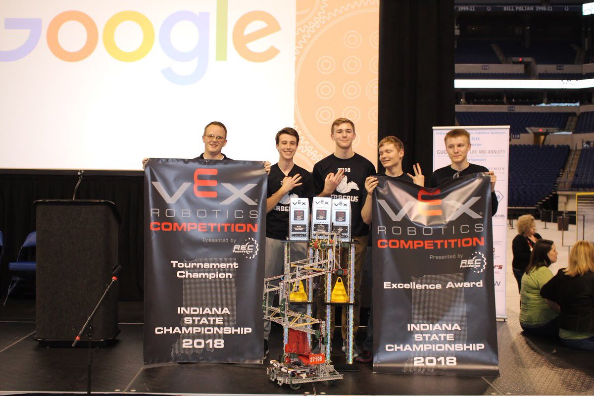 TCHSrobotics's tweet photo. What an Accomplishment! Triton Central robotics are State Champions again! #3Peat ! This team is the real deal! Tournament Champions, Excellence Award Winners, and Robot Skills Winner. Quick Note, Cerberus is 2nd in the WORLD! GO TC! #VortexFlex #2719B #Indiana #TritonCentral https://t.co/OJQdDBGG25