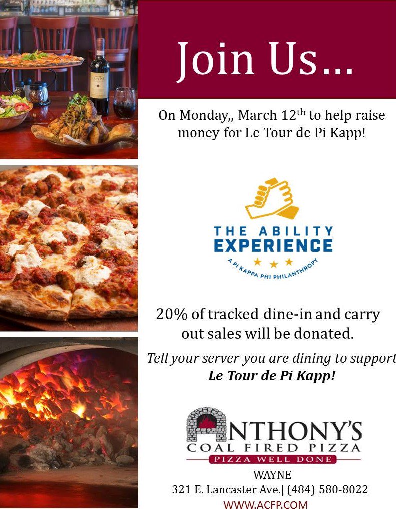 NovaPiKapp's tweet photo. It's that time of the year again! And to start off this year's Tour de Pi Kapp, we're heading to Anthony's Pizza! For tomorrow only, 20% of sales will be donated to Pi Kapp's Ability Experience. And to make things even better, we've invited pizza legend David Portnoy to join us! https://t.co/UF49TEdnYK