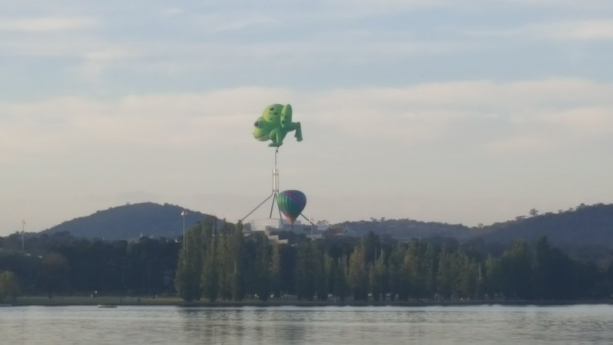 lucasonline1979's tweet photo. Perfectly poised yoga frog on Parliament House this morning as part of the Canberra Balloon festival. https://t.co/mMIOUaryyK