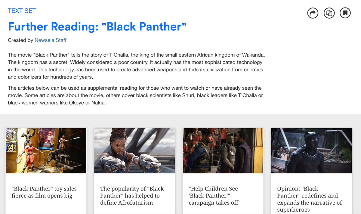 Newsela's tweet photo. Do your Ss love #BlackPantherMovie? Check out this Text Set featuring articles about the movie, others cover black scientists like Shuri, black leaders like T'Challa or black women warriors like Okoye or Nakia. https://t.co/vM1cSYfADm https://t.co/sa2N4wUtn5