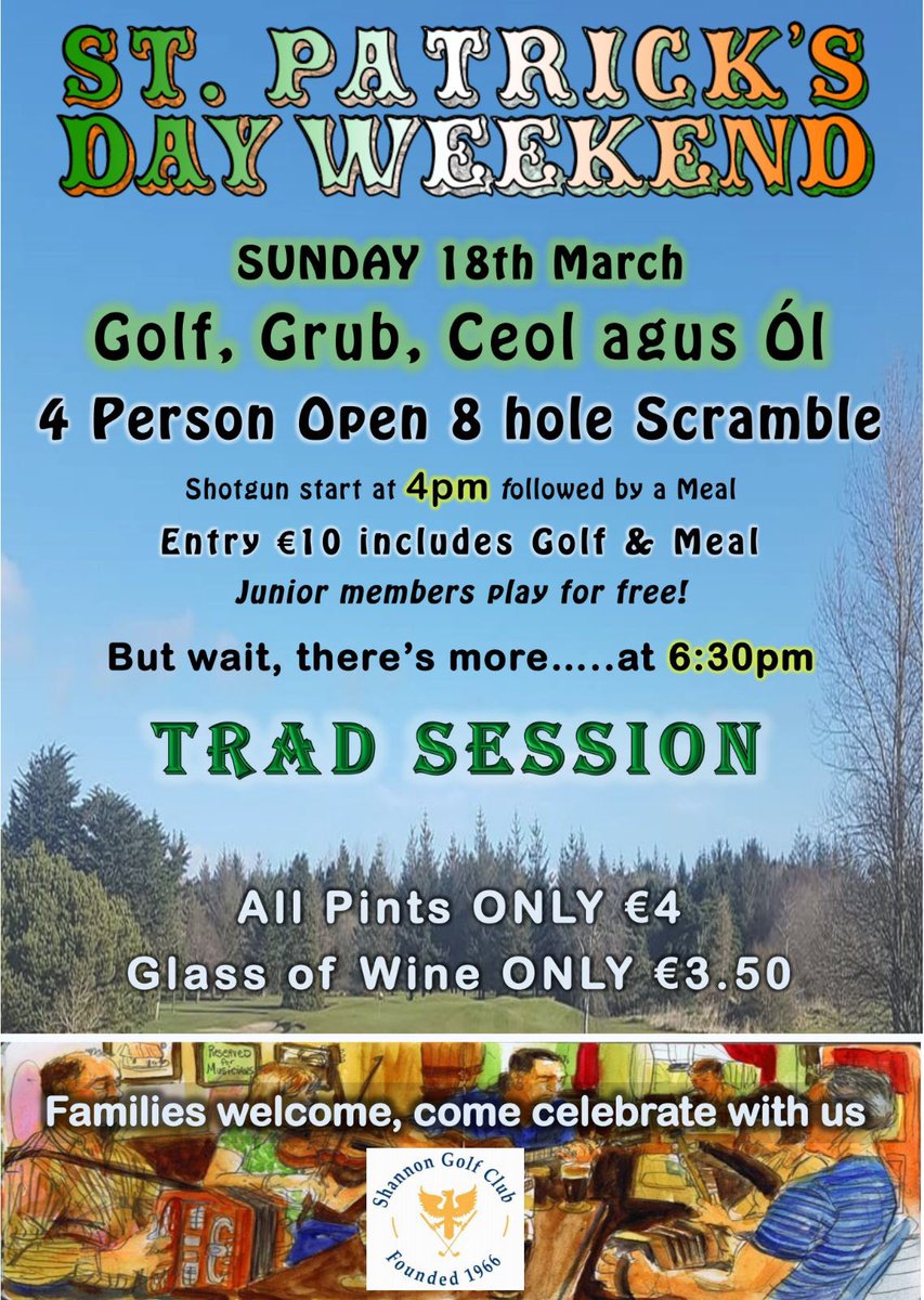 GolfShannon's tweet photo. 🍀🍀St Patrick’s Weekend🍀🍀

Why not join us Sunday 18th of March for our great meal deal and then why not stay for the drink, jig and reel!!🎻🎤🎸⛳️🍸🍻🍷🇮🇪 

All welcome, members, family and friends. ✅

#StPatricksDay  #clare #foodie #Ireland #Golf #shannongolfclub https://t.co/4LzjMM0l6i