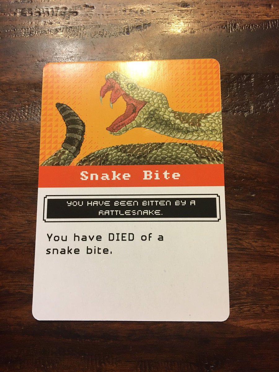 JonHammack's tweet photo. Finally got out the Oregon trail card game Sarah got me for Xmas to play with Reid. On his 2nd turn, he got snakebit and instantly died. Such is the life on the trail. #youhavedied https://t.co/EtMLxScGsR