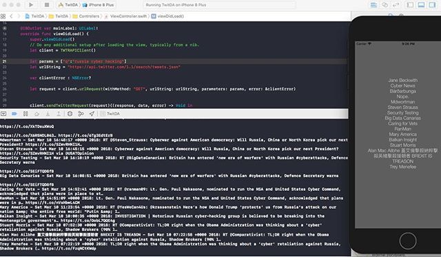 codespace_blog's tweet photo. Working with #swift and the #twitterapi & #twitterkit to query twitter posts related to #russia #cyber and #hacking. Cool little experiment. I learned a lot. #technology #cyberintelligence #cyberspace #swiftprogramming #programming #ios #codespaceblog #t… https://t.co/mRvFM1Lams https://t.co/LCHnTFPdM8