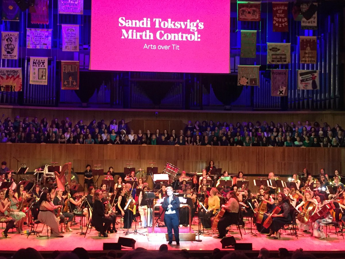 300 women consisting of choir singers, conductors and orchestra coming together on one stage for @sanditoksvig’s Mirth Control Arts over Tits. Incredible! #WOWLDN #InternationalWomenDay2018