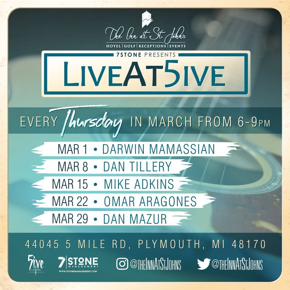 7StoneDetroit's tweet photo. #7StonePresents our March, 2018 #LiveMusic Line Up Thursdays at The Inn at St. John's #5iveSteakhouse | 6-9p | #LiveAt5ive #StJohnsLuxury #StJohnsEvents #StJohnsPartners #7StoneManagement #TheInnAtStJohns https://t.co/I9Bs2oAtul