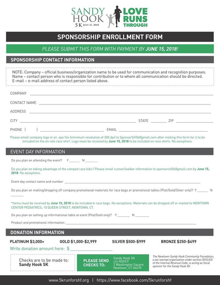 5krunforshf's tweet photo. Calling all sponsors! The #SandyHook5K is not possible without your support. Check out the attached sponsor form documents, and join us!  HUGE THANKS to 6-time returning sponsors Newtown Center Pediatrics and @prolifogy! #loverunsthrough https://t.co/SMbemQrD6k
